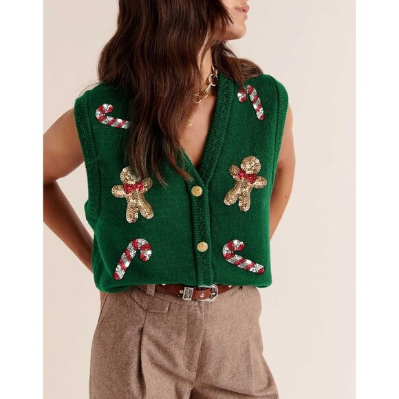 Women's Christmas Sweater Vests Santa Claus Print Sleeveless Knit Cardigan Vest - Picture 3 of 5